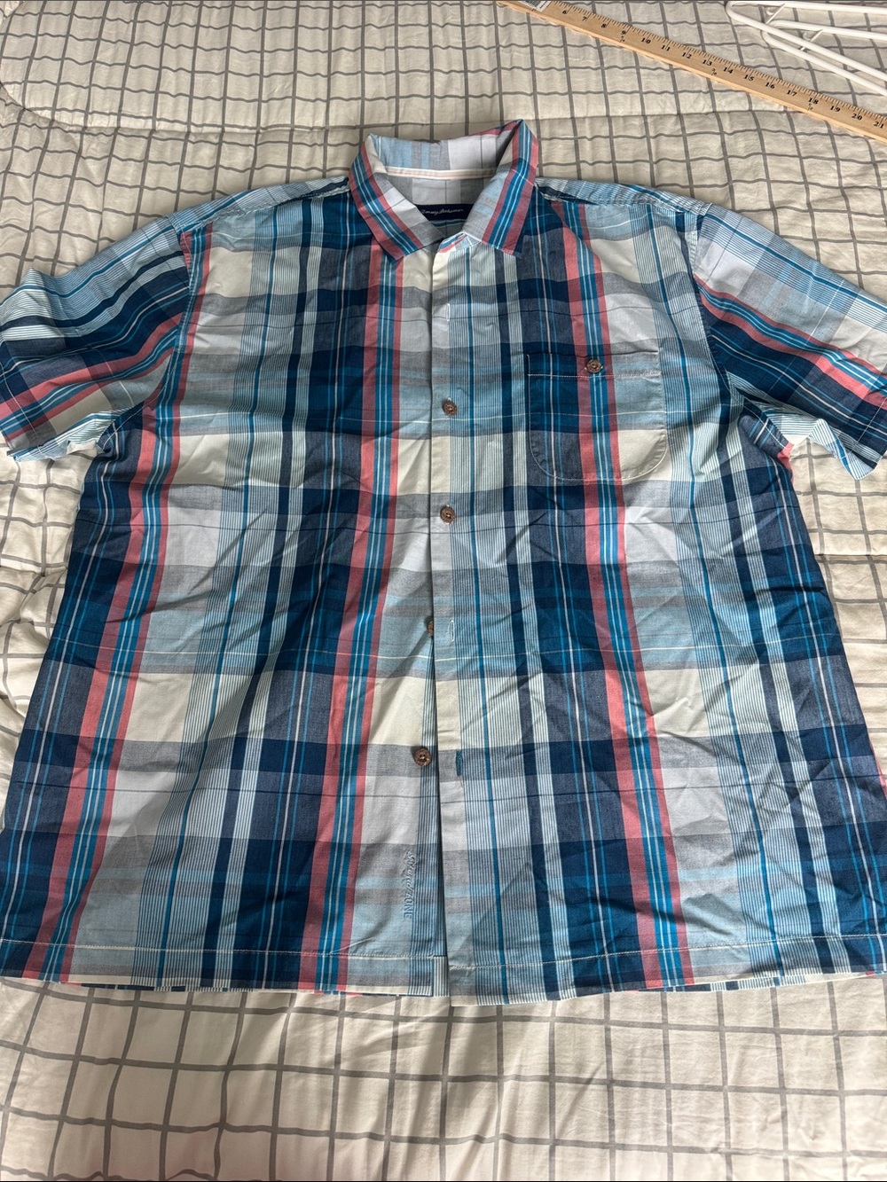Tommy Bahama Short Sleeve Plaid Button-Down Shirt - Blue, White, Coral